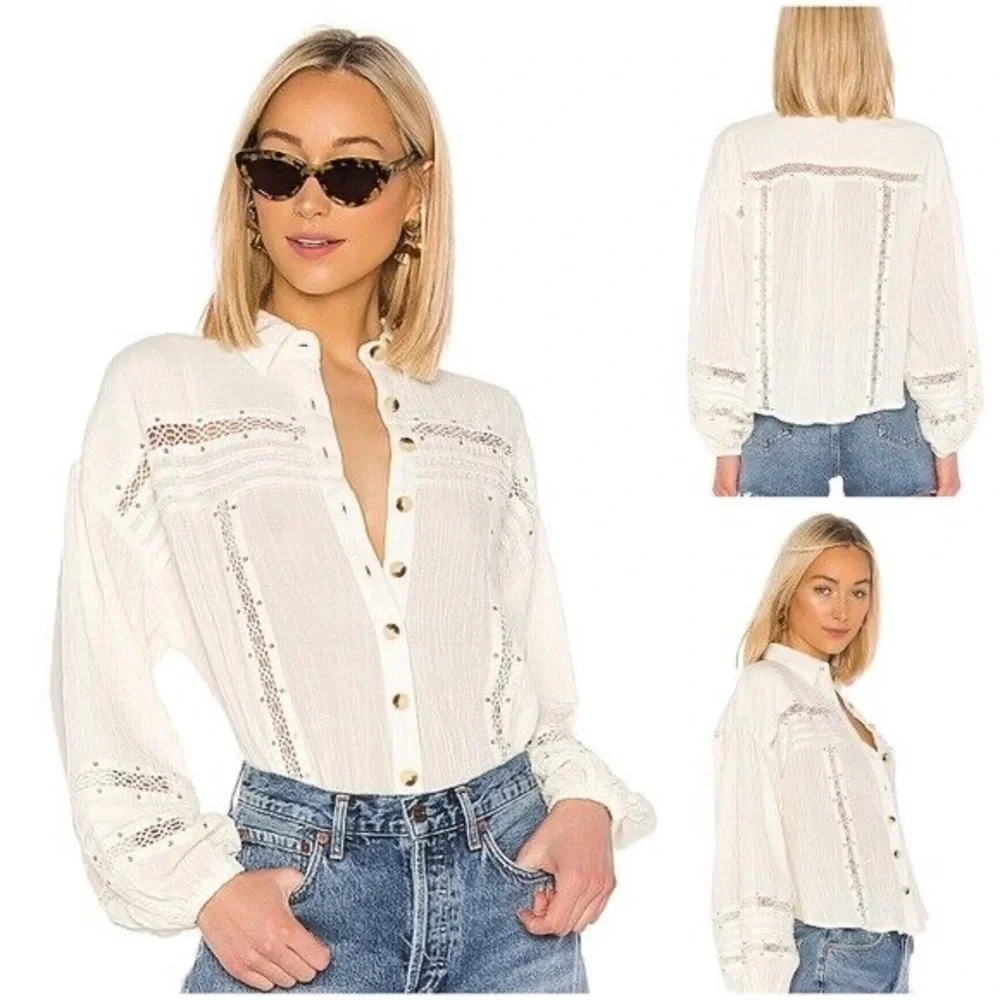 Free People Embroidered Summer Stars Ranch Style Button-Up Ivory Gauze Top XS